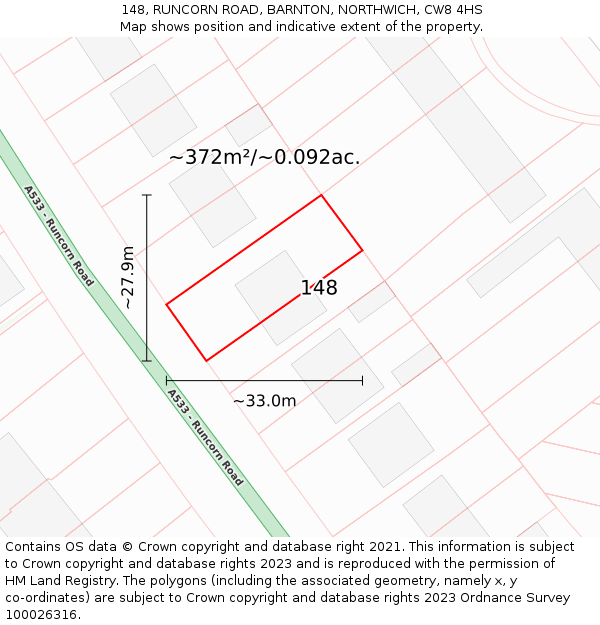 148, RUNCORN ROAD, BARNTON, NORTHWICH, CW8 4HS: Plot and title map