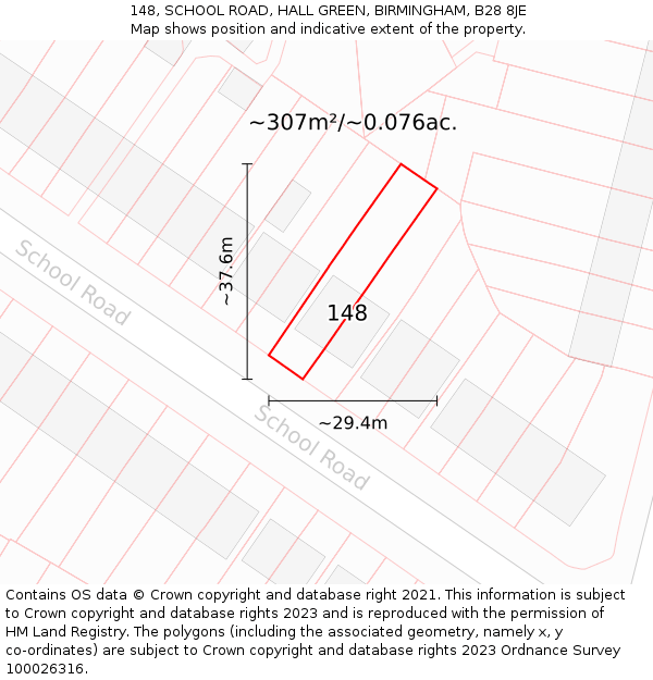 148, SCHOOL ROAD, HALL GREEN, BIRMINGHAM, B28 8JE: Plot and title map