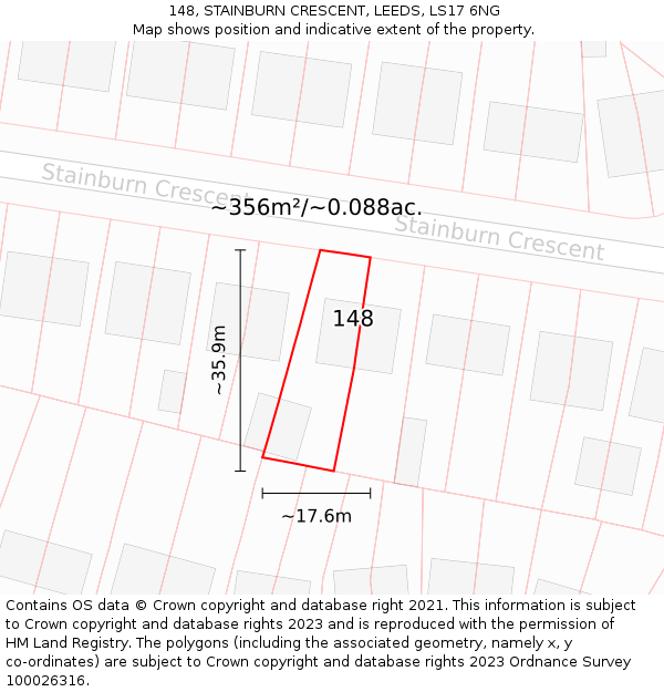 148, STAINBURN CRESCENT, LEEDS, LS17 6NG: Plot and title map