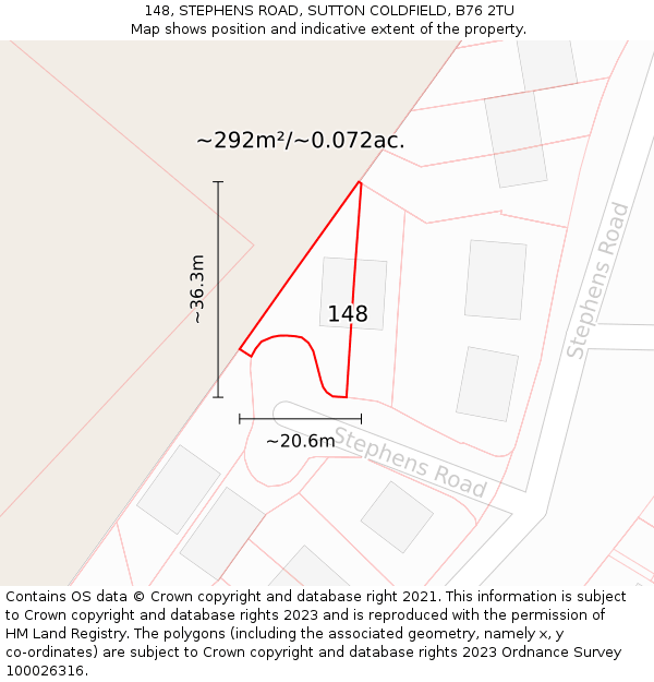 148, STEPHENS ROAD, SUTTON COLDFIELD, B76 2TU: Plot and title map