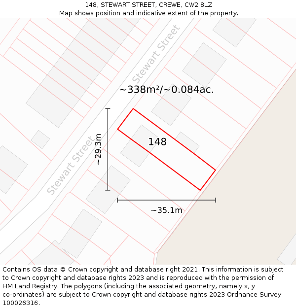 148, STEWART STREET, CREWE, CW2 8LZ: Plot and title map