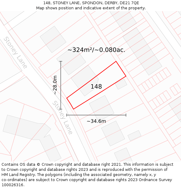 148, STONEY LANE, SPONDON, DERBY, DE21 7QE: Plot and title map
