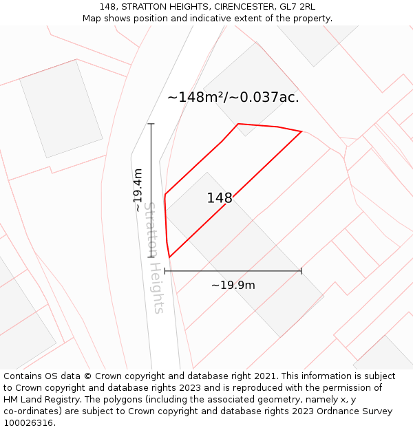 148, STRATTON HEIGHTS, CIRENCESTER, GL7 2RL: Plot and title map