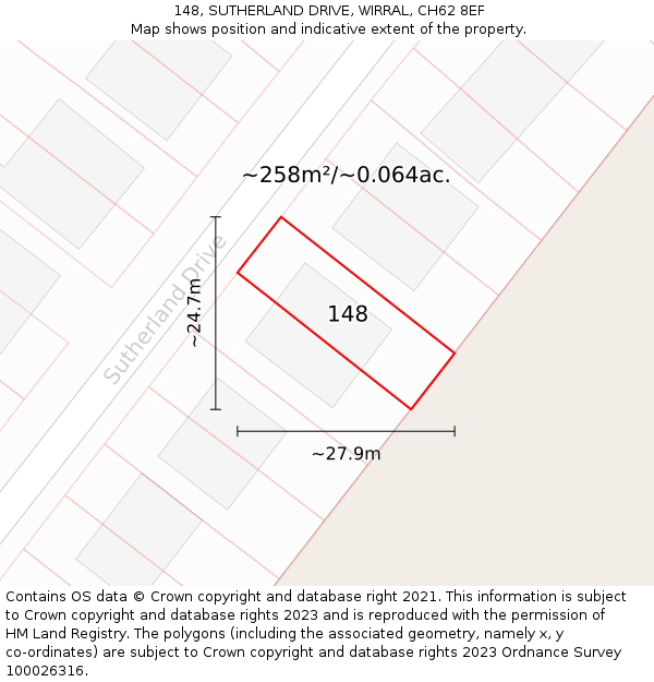 148, SUTHERLAND DRIVE, WIRRAL, CH62 8EF: Plot and title map
