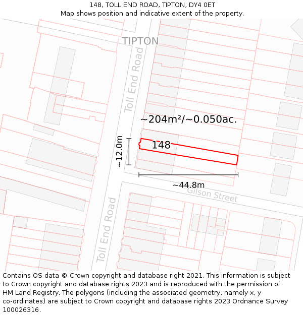 148, TOLL END ROAD, TIPTON, DY4 0ET: Plot and title map