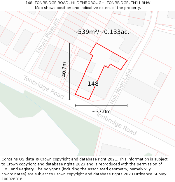 148, TONBRIDGE ROAD, HILDENBOROUGH, TONBRIDGE, TN11 9HW: Plot and title map