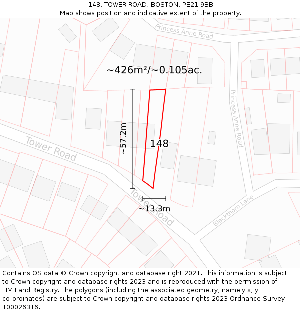 148, TOWER ROAD, BOSTON, PE21 9BB: Plot and title map
