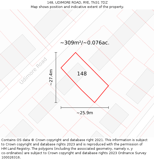 148, UDIMORE ROAD, RYE, TN31 7DZ: Plot and title map