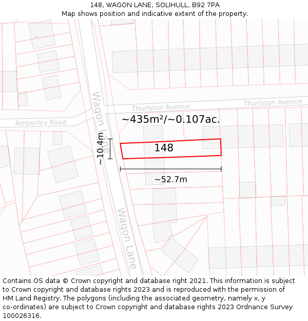 148, WAGON LANE, SOLIHULL, B92 7PA: Plot and title map