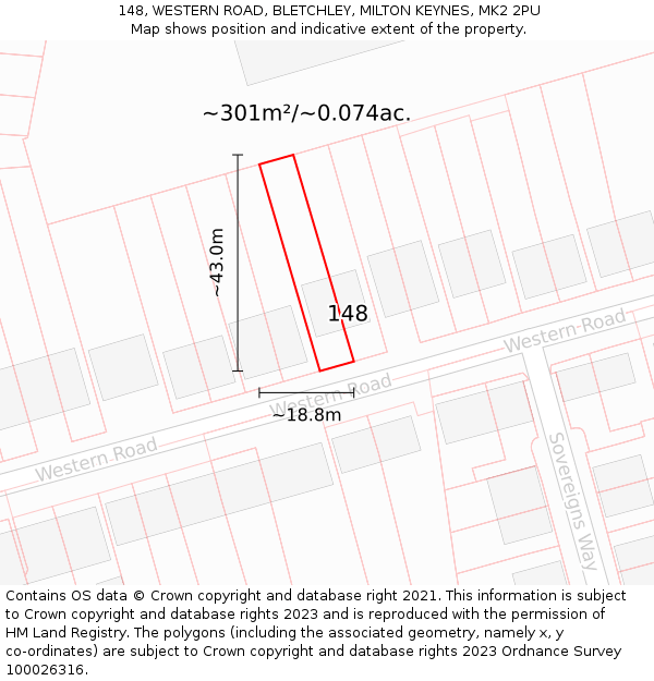 148, WESTERN ROAD, BLETCHLEY, MILTON KEYNES, MK2 2PU: Plot and title map