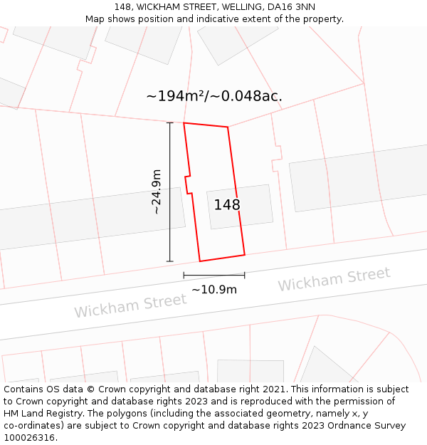 148, WICKHAM STREET, WELLING, DA16 3NN: Plot and title map