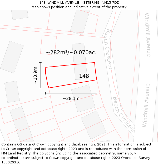 148, WINDMILL AVENUE, KETTERING, NN15 7DD: Plot and title map