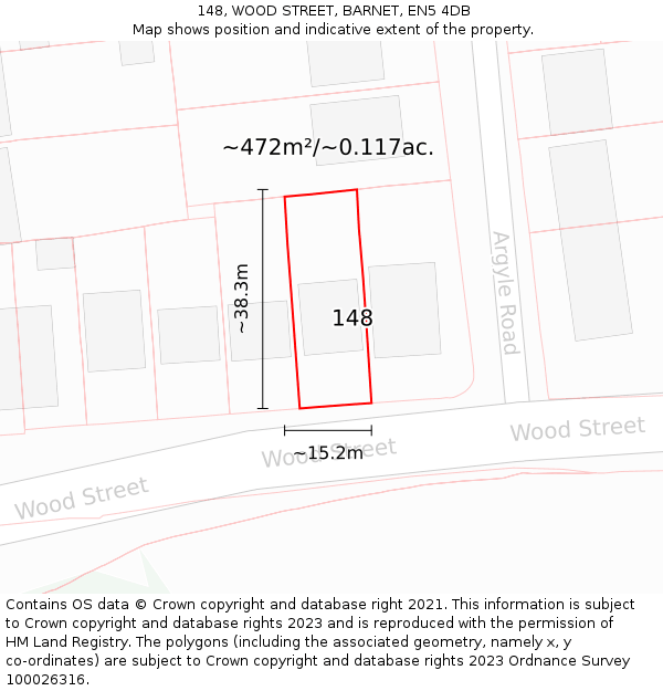 148, WOOD STREET, BARNET, EN5 4DB: Plot and title map