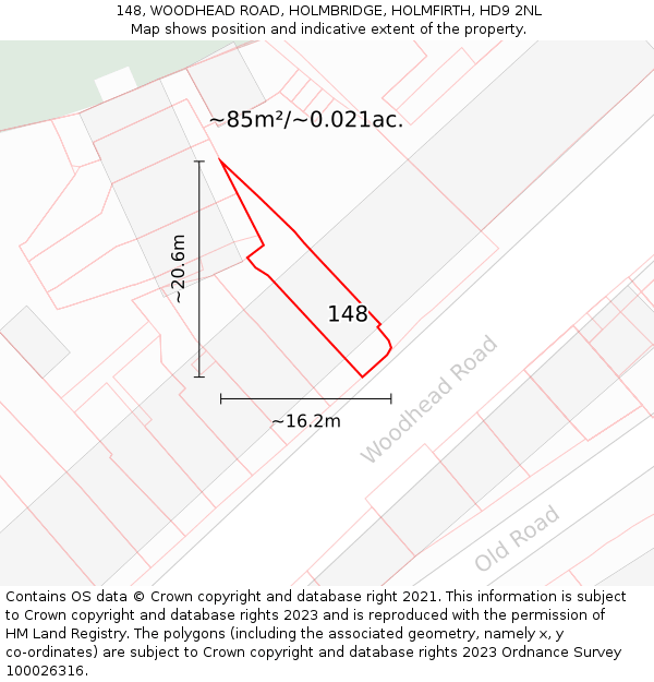 148, WOODHEAD ROAD, HOLMBRIDGE, HOLMFIRTH, HD9 2NL: Plot and title map