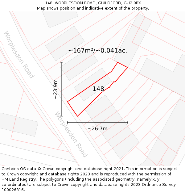 148, WORPLESDON ROAD, GUILDFORD, GU2 9RX: Plot and title map