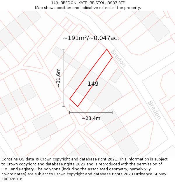 149, BREDON, YATE, BRISTOL, BS37 8TF: Plot and title map