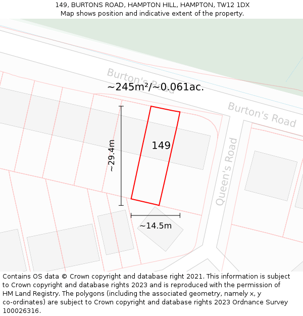 149, BURTONS ROAD, HAMPTON HILL, HAMPTON, TW12 1DX: Plot and title map