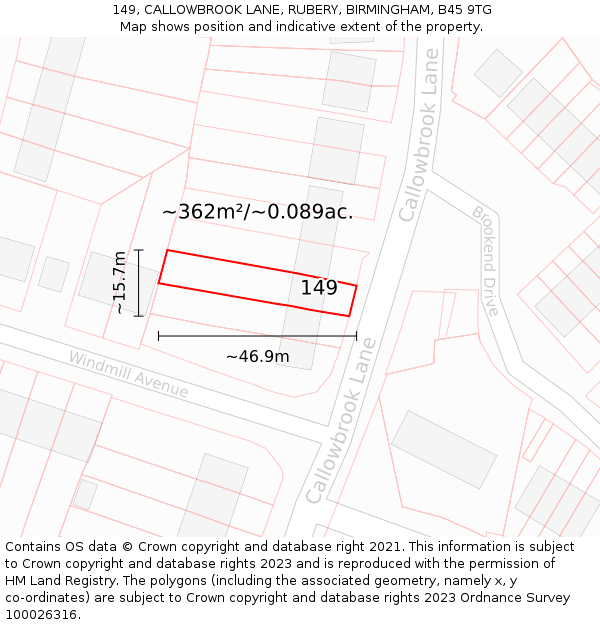 149, CALLOWBROOK LANE, RUBERY, BIRMINGHAM, B45 9TG: Plot and title map