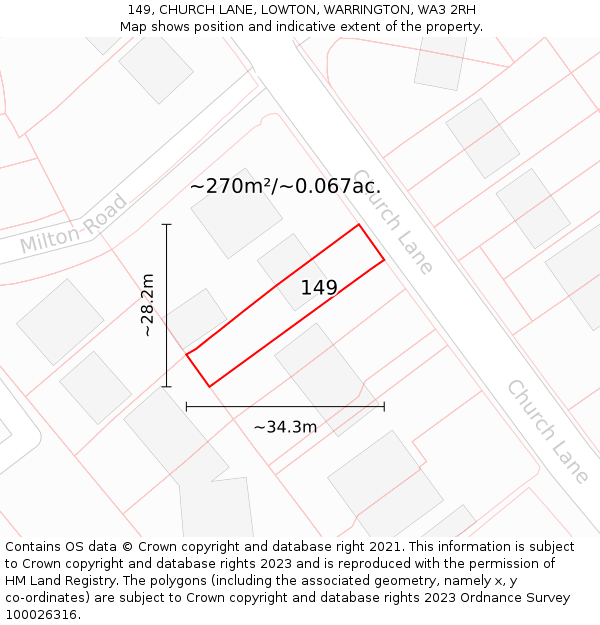 149, CHURCH LANE, LOWTON, WARRINGTON, WA3 2RH: Plot and title map