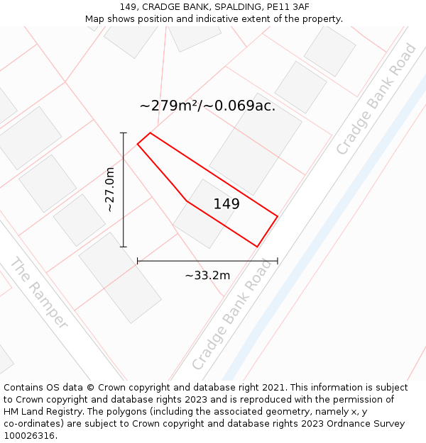149, CRADGE BANK, SPALDING, PE11 3AF: Plot and title map