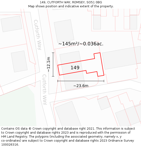 149, CUTFORTH WAY, ROMSEY, SO51 0BG: Plot and title map