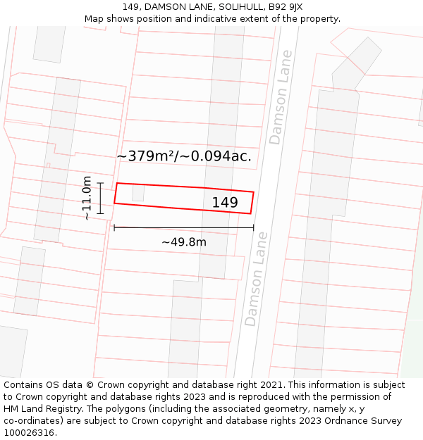 149, DAMSON LANE, SOLIHULL, B92 9JX: Plot and title map