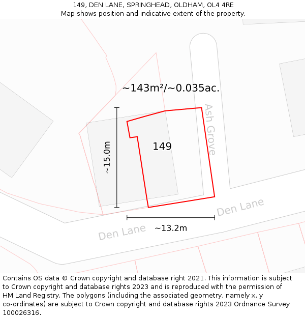 149, DEN LANE, SPRINGHEAD, OLDHAM, OL4 4RE: Plot and title map