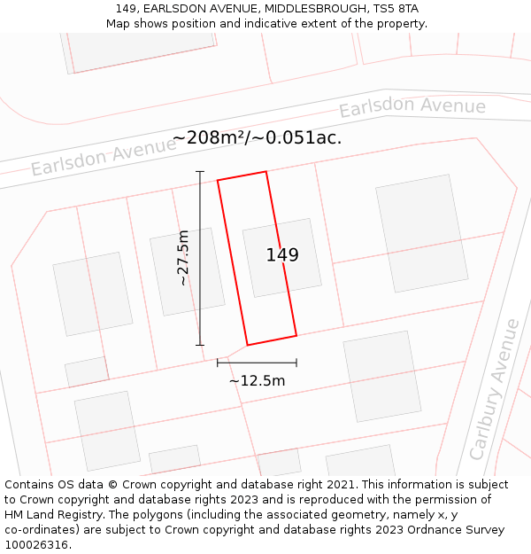 149, EARLSDON AVENUE, MIDDLESBROUGH, TS5 8TA: Plot and title map