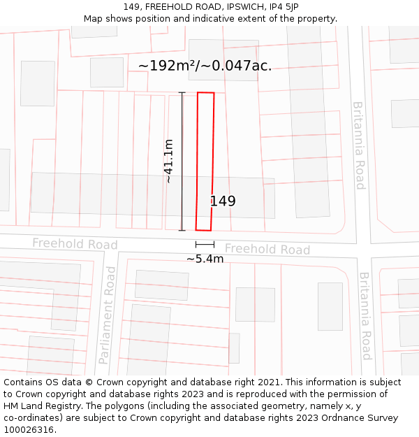 149, FREEHOLD ROAD, IPSWICH, IP4 5JP: Plot and title map
