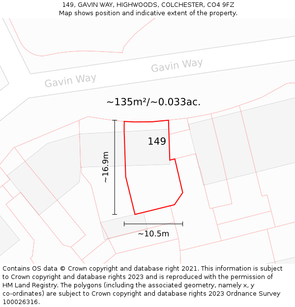 149, GAVIN WAY, HIGHWOODS, COLCHESTER, CO4 9FZ: Plot and title map