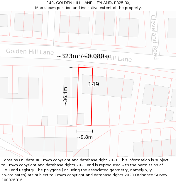 149, GOLDEN HILL LANE, LEYLAND, PR25 3XJ: Plot and title map