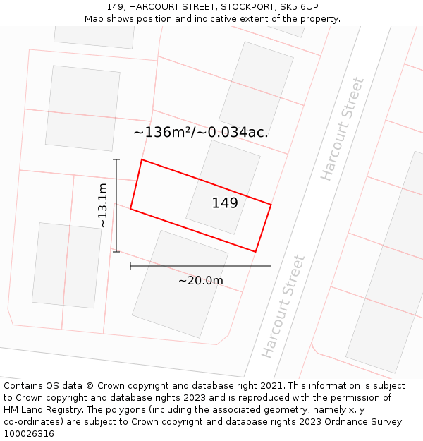 149, HARCOURT STREET, STOCKPORT, SK5 6UP: Plot and title map