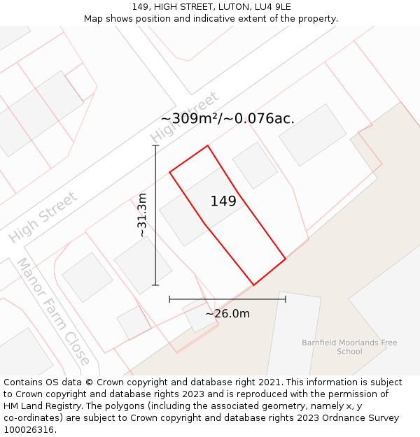 149, HIGH STREET, LUTON, LU4 9LE: Plot and title map