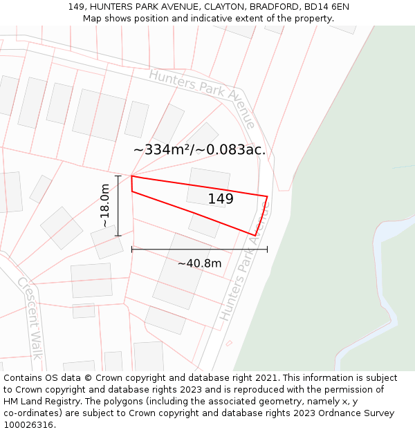 149, HUNTERS PARK AVENUE, CLAYTON, BRADFORD, BD14 6EN: Plot and title map