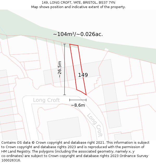 149, LONG CROFT, YATE, BRISTOL, BS37 7YN: Plot and title map