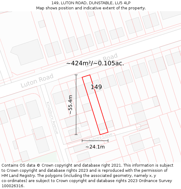 149, LUTON ROAD, DUNSTABLE, LU5 4LP: Plot and title map