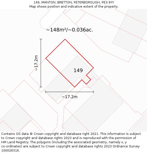 149, MANTON, BRETTON, PETERBOROUGH, PE3 9YY: Plot and title map