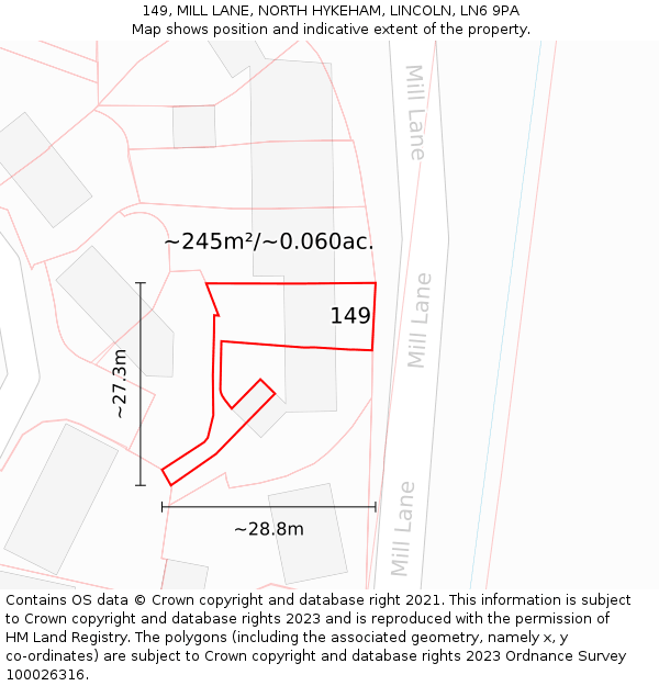 149, MILL LANE, NORTH HYKEHAM, LINCOLN, LN6 9PA: Plot and title map