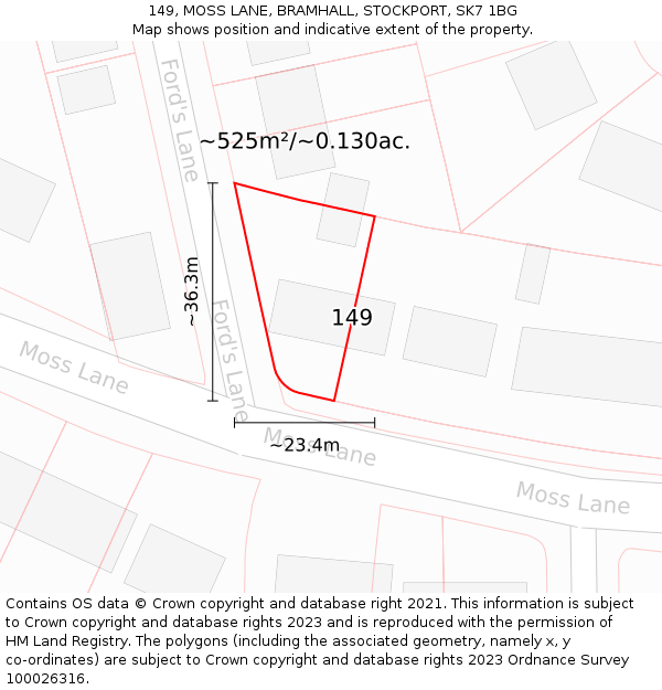 149, MOSS LANE, BRAMHALL, STOCKPORT, SK7 1BG: Plot and title map