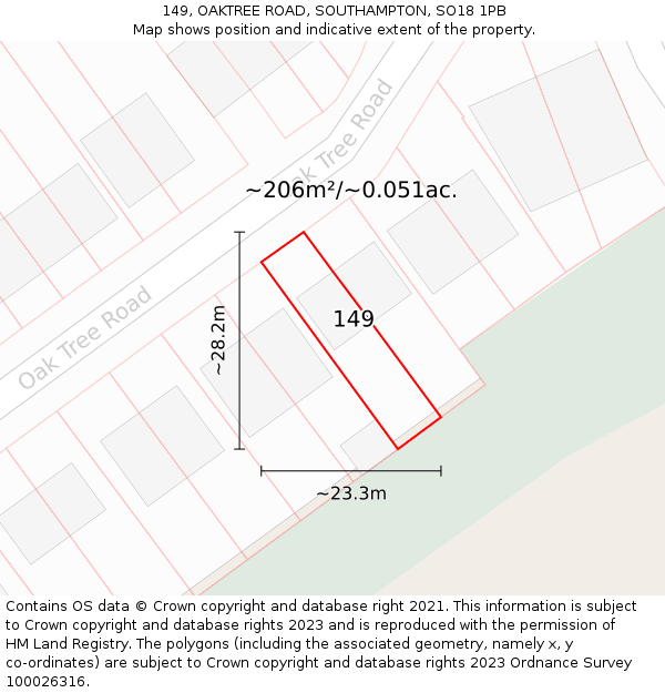 149, OAKTREE ROAD, SOUTHAMPTON, SO18 1PB: Plot and title map