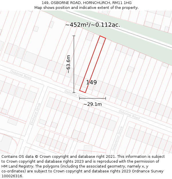 149, OSBORNE ROAD, HORNCHURCH, RM11 1HG: Plot and title map