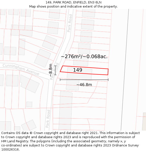149, PARK ROAD, ENFIELD, EN3 6LN: Plot and title map