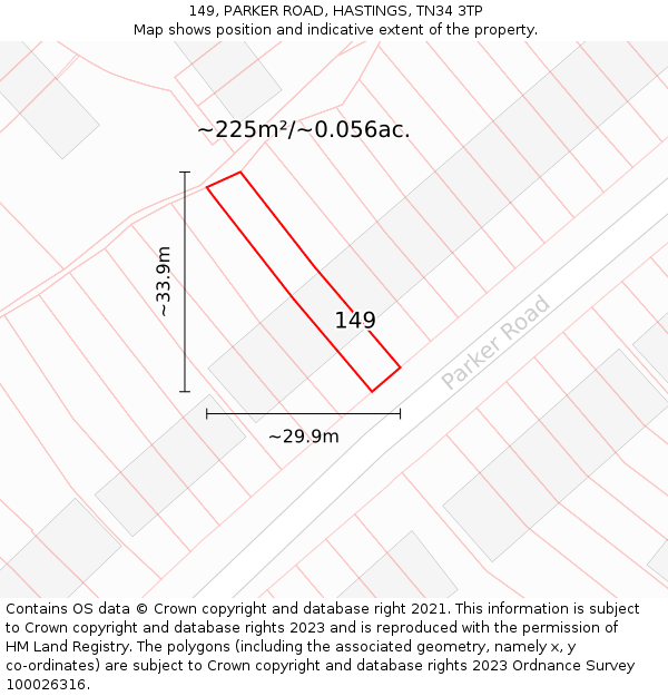 149, PARKER ROAD, HASTINGS, TN34 3TP: Plot and title map
