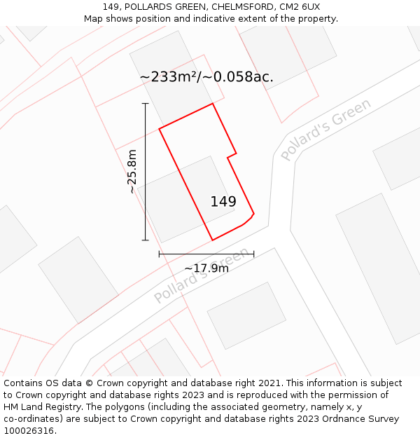 149, POLLARDS GREEN, CHELMSFORD, CM2 6UX: Plot and title map