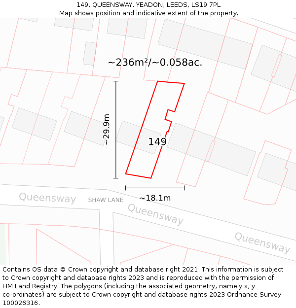 149, QUEENSWAY, YEADON, LEEDS, LS19 7PL: Plot and title map