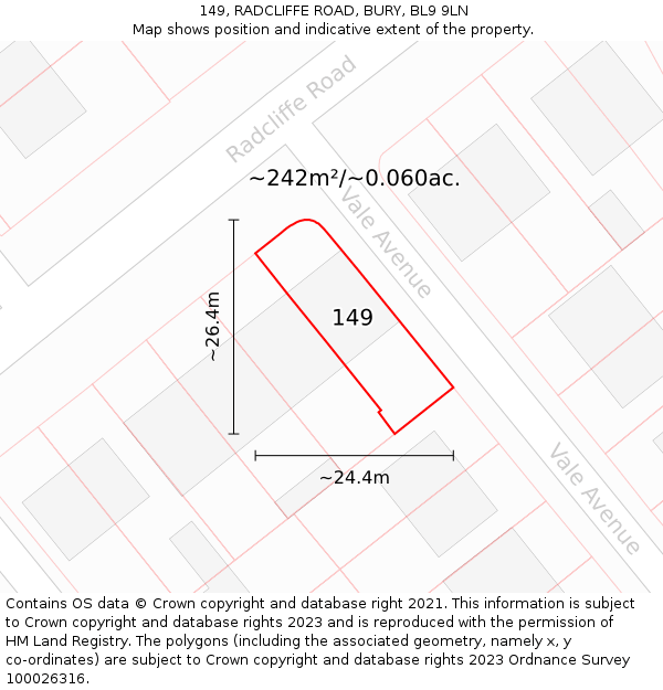 149, RADCLIFFE ROAD, BURY, BL9 9LN: Plot and title map