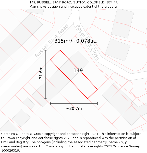 149, RUSSELL BANK ROAD, SUTTON COLDFIELD, B74 4RJ: Plot and title map