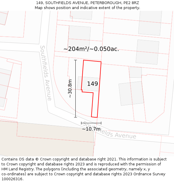 149, SOUTHFIELDS AVENUE, PETERBOROUGH, PE2 8RZ: Plot and title map