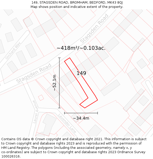 149, STAGSDEN ROAD, BROMHAM, BEDFORD, MK43 8QJ: Plot and title map