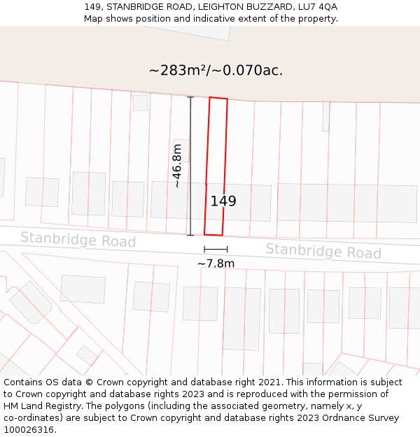 149, STANBRIDGE ROAD, LEIGHTON BUZZARD, LU7 4QA: Plot and title map